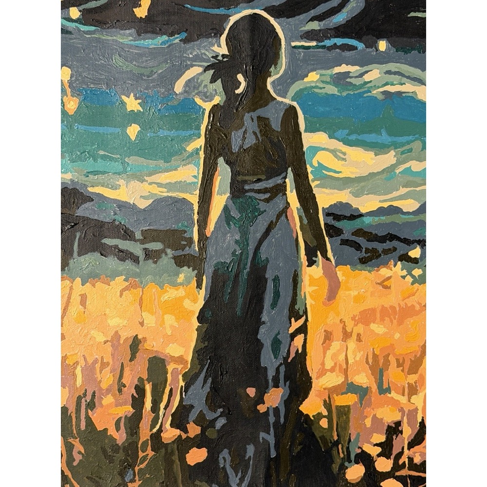 Original Painting Moody Folk Art Woman Golden Field Celestial Night Sky Canvas